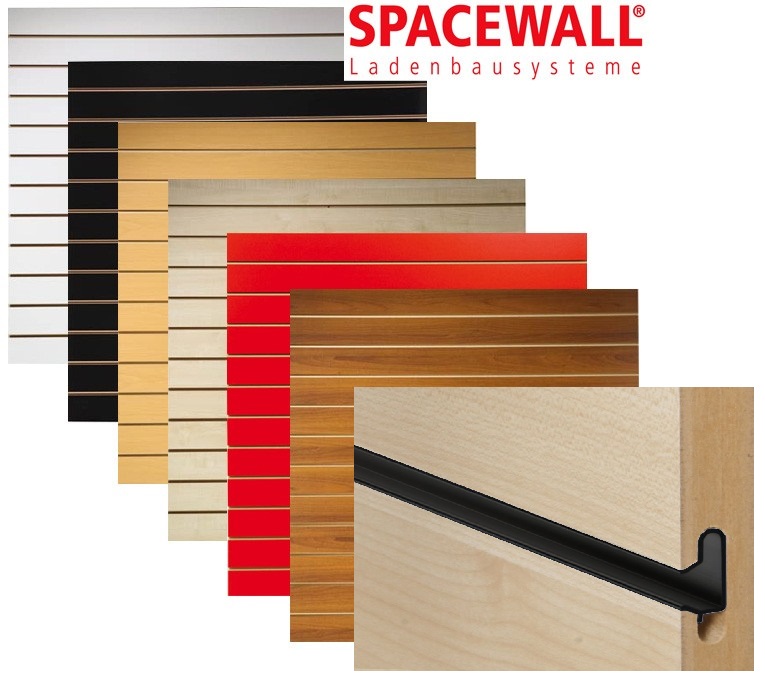 Spacewall Lamellenwand Slatwall einteilig - schwarze Schienen Spacewall Lamellenwand Slatwall einteilig - schwarze Schienen