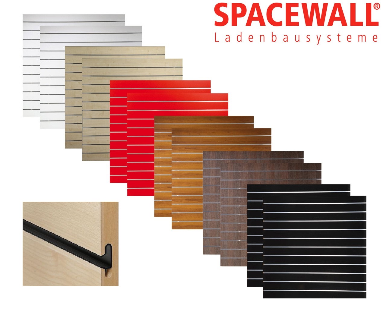 Spacewall Lamellenwand Slatwall zweiteilig - schwarze Schienen Spacewall Lamellenwand Slatwall zweiteilig - schwarze Schienen